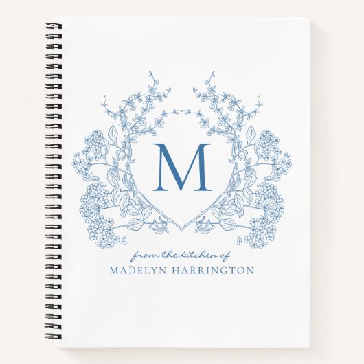 Klassiek Frans Blauw Bloemen Crest Monogram Recept Notitieboek (Voorkant)