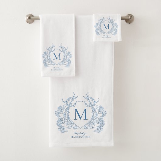 Klassiek Frans blauw bloemenkam monogram Bad Handdoek (Insitu)