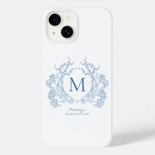 Klassiek Frans blauw bloemenkam monogram Case-Mate iPhone Case (Achterkant)