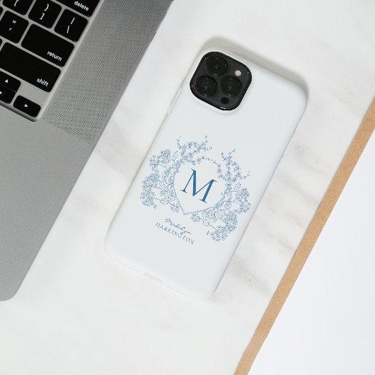Klassiek Frans blauw bloemenkam monogram Case-Mate iPhone Case