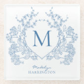 Klassiek Frans blauw bloemenkam monogram Glazen Onderzetter (Voorkant)