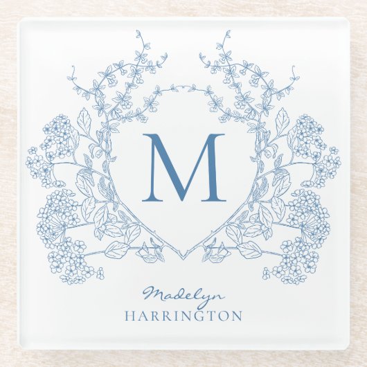 Klassiek Frans blauw bloemenkam monogram Glazen Onderzetter (Voorkant)