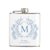 Klassiek Frans blauw bloemenkam monogram Heupfles (Voorkant)