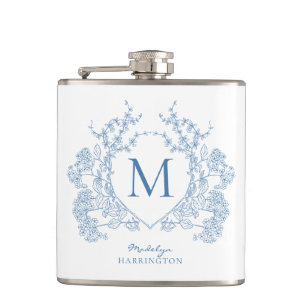 Klassiek Frans blauw bloemenkam monogram Heupfles