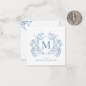 Klassiek Frans blauw bloemenkam monogram Notitiekaartje (Voorkant / Achterkant in situ)