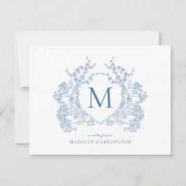 Klassiek Frans blauw bloemenkam monogram Notitiekaartje