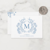 Klassiek Frans blauw bloemenkam monogram Notitiekaartje (Voorkant / Achterkant in situ)