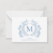 Klassiek Frans blauw bloemenkam monogram Notitiekaartje (Voorkant)