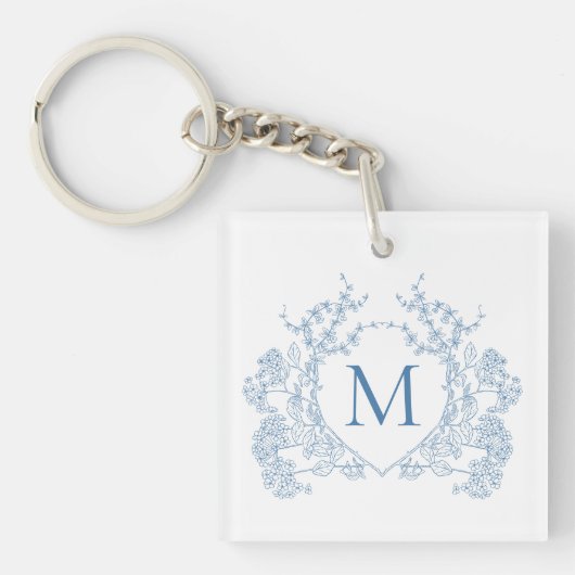 Klassiek Frans blauw bloemenkam monogram Sleutelhanger (Voorkant)