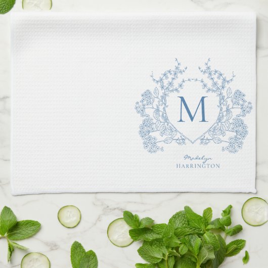 Klassiek Frans blauw bloemenkam monogram Theedoek (Gevouwen)