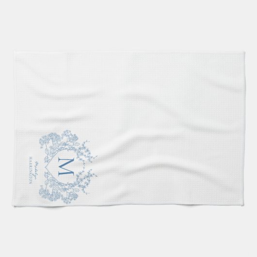 Klassiek Frans blauw bloemenkam monogram Theedoek (Horizontaal)