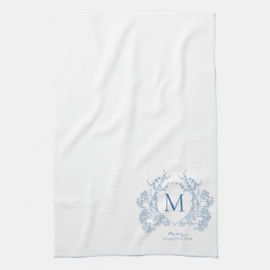 Klassiek Frans blauw bloemenkam monogram Theedoek (Verticaal)