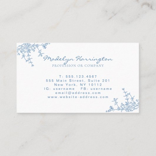 Klassiek Frans blauw bloemenkam monogram Visitekaartje (Achterkant)