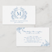 Klassiek Frans blauw bloemenkam monogram Visitekaartje (Voorkant / Achterkant)