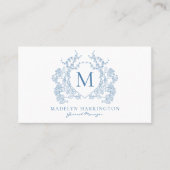 Klassiek Frans blauw bloemenkam monogram Visitekaartje (Voorkant)
