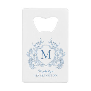 Klassiek Frans Blauw Bloemenkroon Monogram Creditkaart Flessenopener