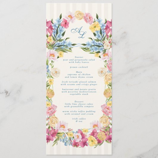 Klassiek Frans Blauw Bloemmotief Trouwmonogram Menu (Voorkant)