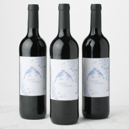 Klassiek Frans blauw wit bloemmotief vogels bruilo Wijn Etiket
