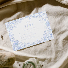Klassiek Frans Blauw Witte Bloemige Bruiloft RSVP Kaartje