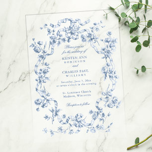 Klassiek Franse Blauwe Bloemen & Lint Huwelijk Vellum Uitnodigingen