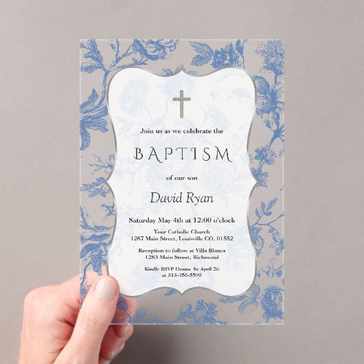 Klassiek Franse blauwe toile bloemen meisje doop Acryl Uitnodigingen (Insitu (Draagbaar))