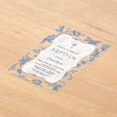 Klassiek Franse blauwe toile bloemen meisje doop Acryl Uitnodigingen (Laagn)