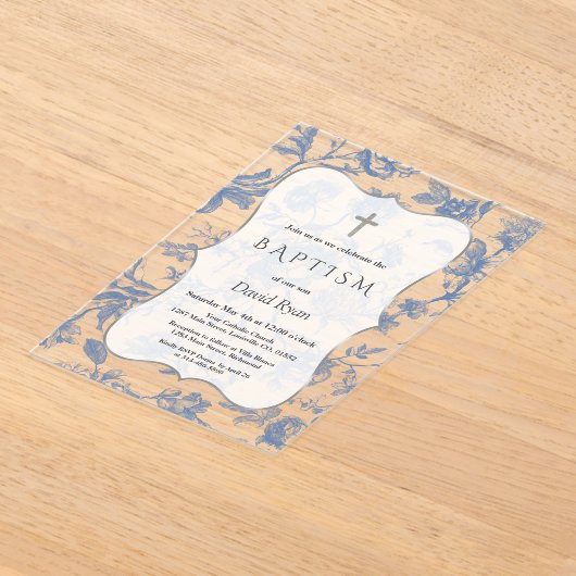 Klassiek Franse blauwe toile bloemen meisje doop Acryl Uitnodigingen (Laagn)
