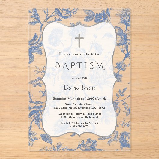 Klassiek Franse blauwe toile bloemen meisje doop Acryl Uitnodigingen (Voorkant)