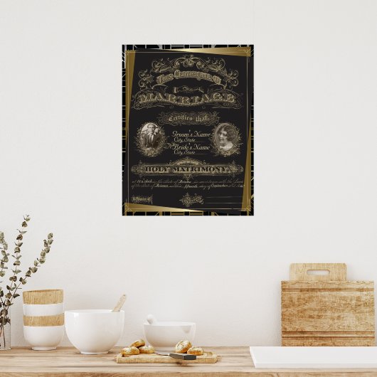 Klassiek Gatsby Deco Huwelijkscertificaat Poster (Keuken)