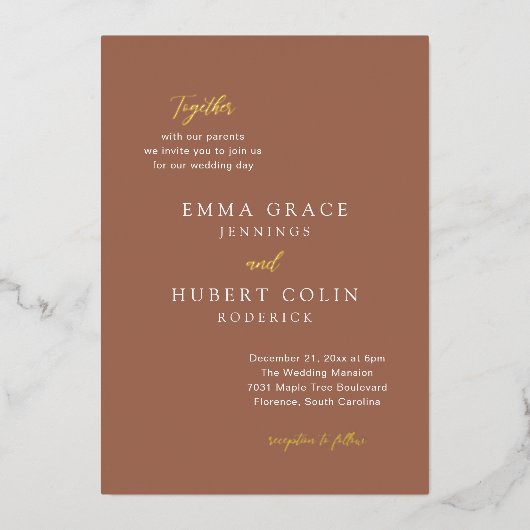 Klassiek gebrand Sinaasappel Elegant bruiloft Folie Uitnodiging (Voorkant)