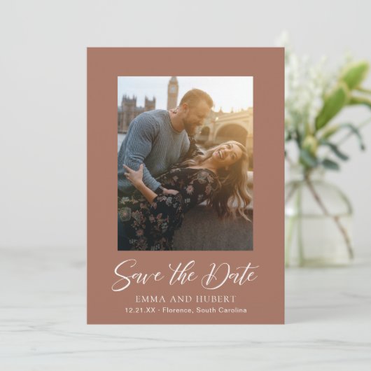 Klassiek gebrand Sinaasappel foto Elegant bruiloft Save The Date (Staand voorkant)