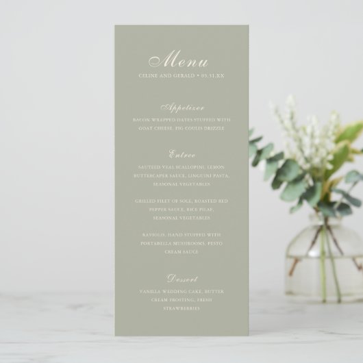 Klassiek Gedempte Groene Elegante Trouw Menu (Staand voorkant)