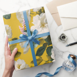 Klassiek Geel Roos Wit Bloemmotief Cadeaupapier