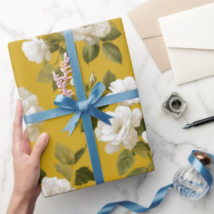 Klassiek Geel Roos Wit Bloemmotief Cadeaupapier