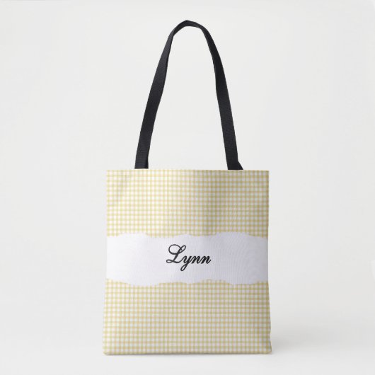 Klassiek Geel & Wit Gingham | Gepersonaliseerde Na Tote Bag (Voorkant)