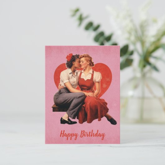Klassiek gelukkig verjaardagsfeest lesbisch paar briefkaart (Staand voorkant)