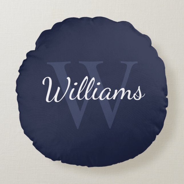 Klassiek gepersonaliseerd monogram en naam Navy Bl Rond Kussen (Voorkant)