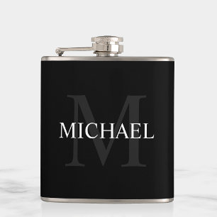 Klassiek gepersonaliseerd monogram en naam zwart heupfles