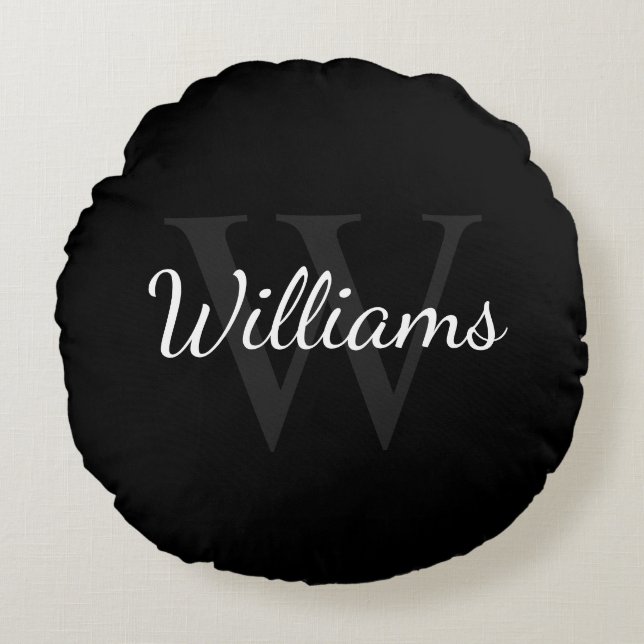 Klassiek gepersonaliseerd monogram en naam zwart rond kussen (Voorkant)