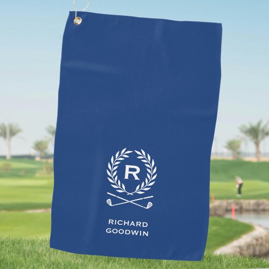 Klassiek gepersonaliseerd monogram naam blauw golfhanddoek