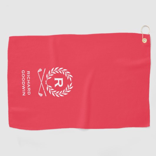 Klassiek gepersonaliseerd monogram naam rood golfhanddoek (Horizontaal)