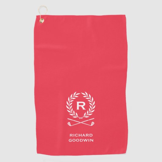 Klassiek gepersonaliseerd monogram naam rood golfhanddoek (Voorkant)