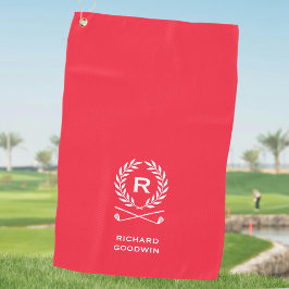 Klassiek gepersonaliseerd monogram naam rood golfhanddoek