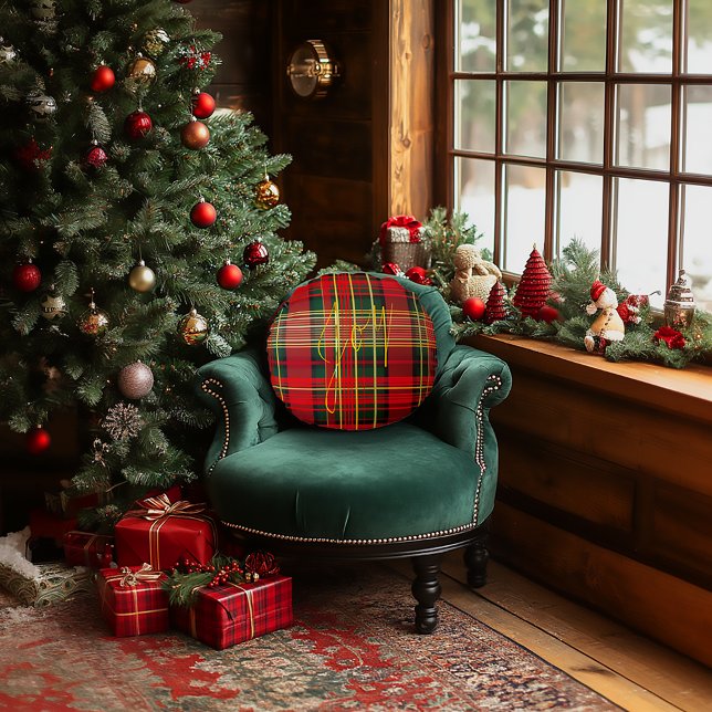 Klassiek geruite Tartan 'Joy' Calligrafie Decorati Rond Kussen (Stylish Classic Christmas Red and Green Tartan Joy Pillow )