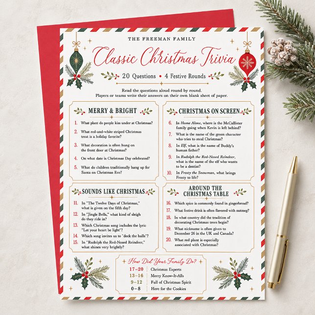 Klassiek gezelschapsspel voor kersttrivia (Classic family Christmas trivia with 20 questions in four festive rounds.)