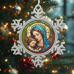 Klassiek glas-in-lood met Madonna en Kind Kribbe d Tin Sneeuwvlok Ornament