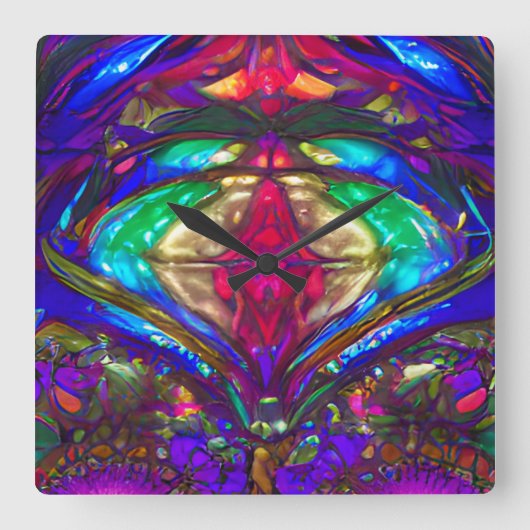 Klassiek Glas in lood patroon in blauw, groen, roo Vierkante Klok (Voorkant)