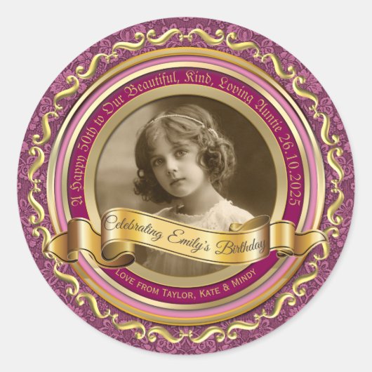 Klassiek Gold Photo Lijst Elegant Banner Pink Ronde Sticker (Voorkant)