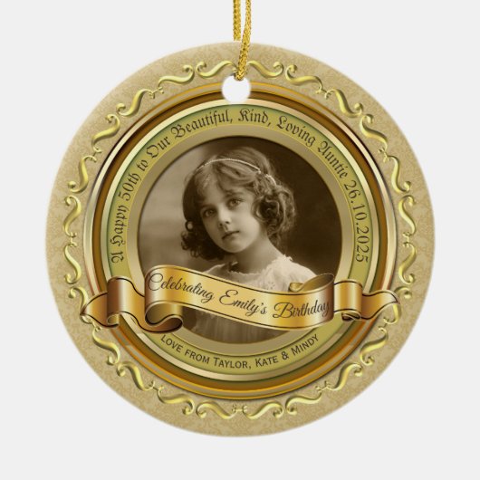 Klassiek Gold Photo Lijst Elegant Banner Yellow Keramisch Ornament (Voorkant)