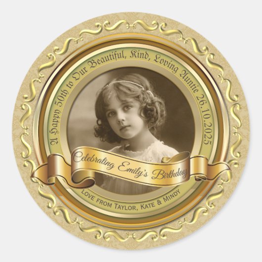Klassiek Gold Photo Lijst Elegant Banner Yellow Ronde Sticker (Voorkant)